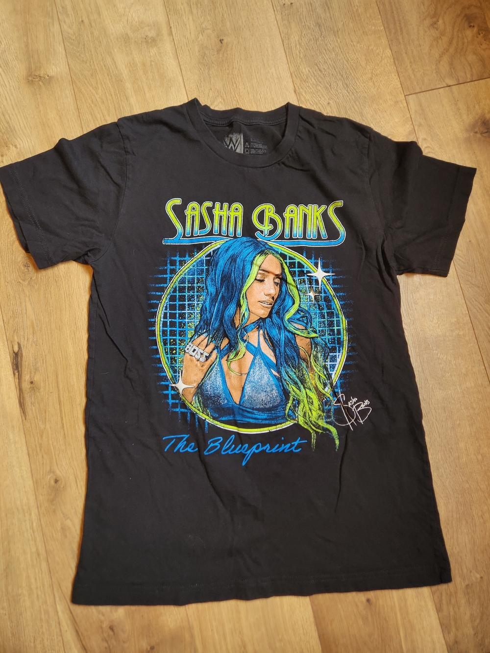 WWE Sasha Banks BLUEPRINTBlack Tee with Blue and Green Graphic Medium